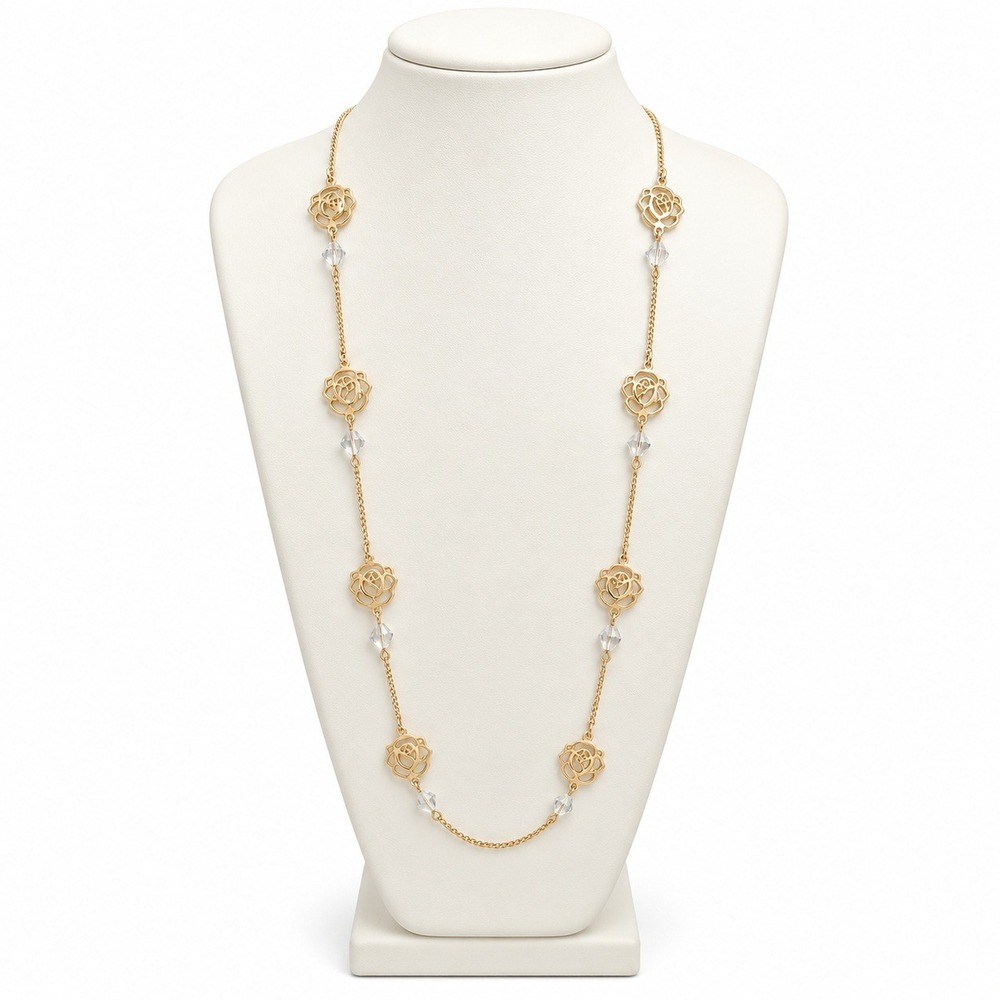 Gold Tone Filigree Rose Station Necklace Clear Glass Bead Curb Chain 27-30 inch
